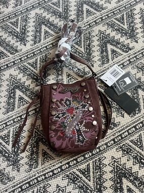Ed Hardy Maroon Studded Crossbody Bag with Embellished Tattoo Motif